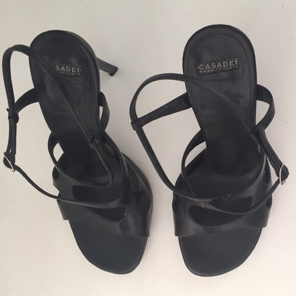 CASADEI STRAPPY BLACK OPEN TOE CUT OUT HEELS ADJUSTABLE BUCKLE CLOSURE - Picture 4 of 10